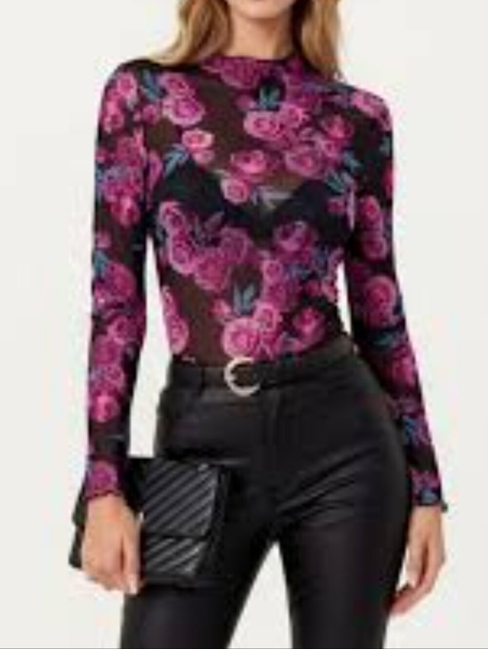 Women Rose Floral Pink Whimsygoth Top Long Sleeve Sheer Mesh Dark Romantic